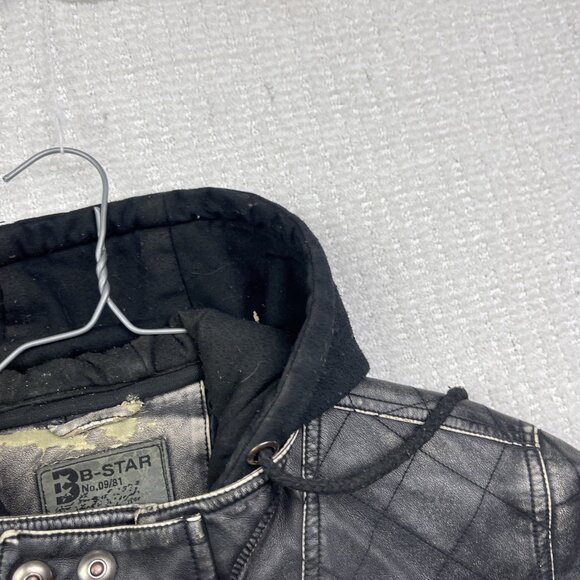 VTG B-STAR Faux Leather Moto jacket Distressed Punk Military Quilted Hood Sz S** - Picture 10 of 14